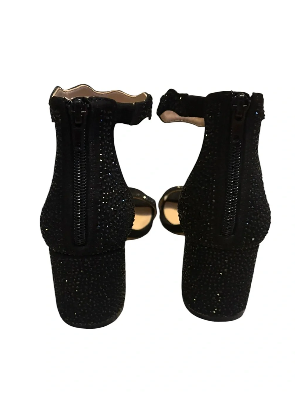 INC Hadwin Crystal Block Heel Sandals Size 8 Black Rhinestone Ankle Strap Party